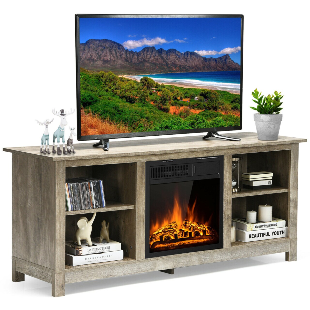 Gymax 58'' 2-Tier Fireplace TV Stand W/18'' 1500W Electric Fireplace 65'' Grey